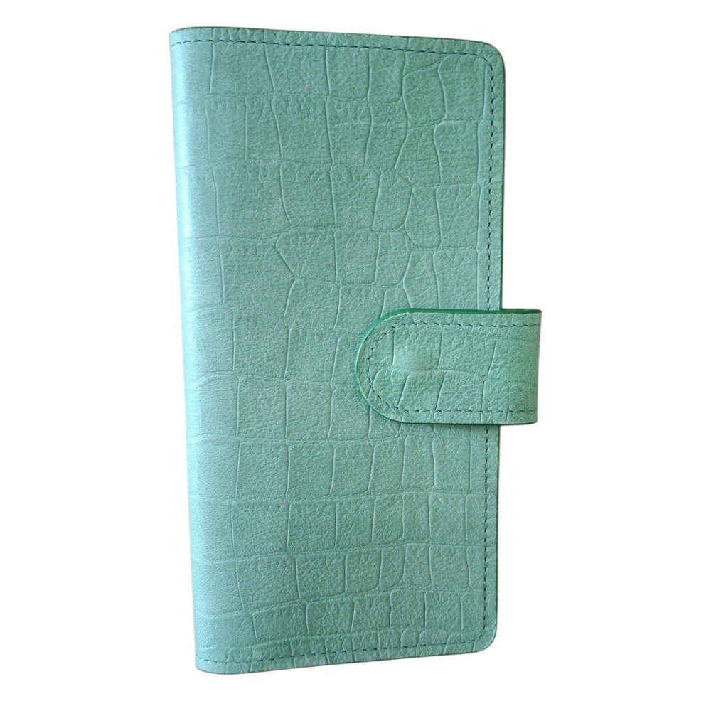 Mint Green Crocodile Embossed Leather Slim Bifold Wallet Snap Closure